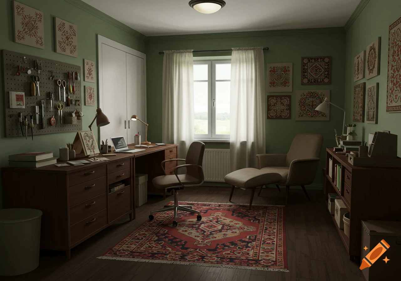 A mid-century modern office and craft room with sage green walls, dark brown furniture, a pegboard with tools, a laptop on a desk, a cozy lounge chair, and a folk rug on the floor.