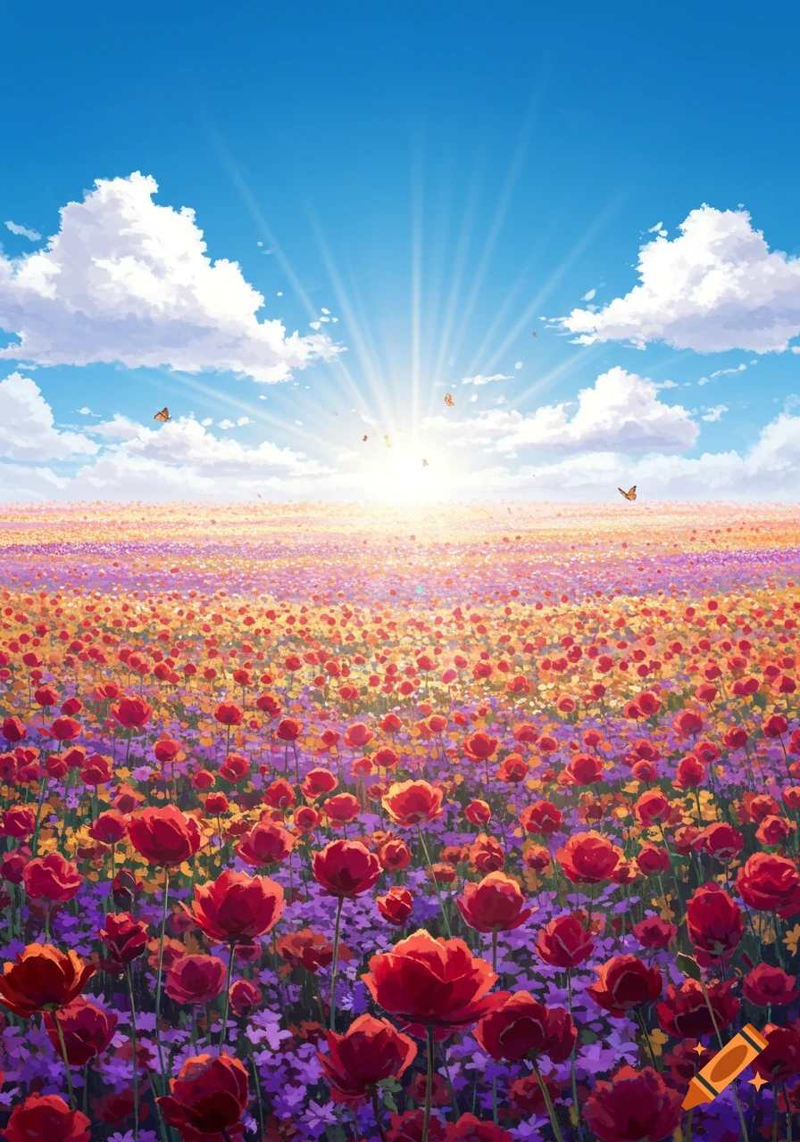 Vibrant anime-style illustration of a vast field of red and purple flowers under a bright blue sky with sun rays and butterflies.