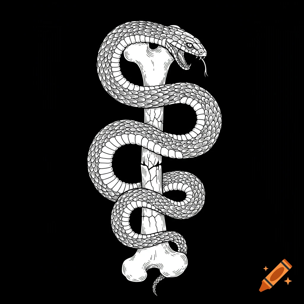 Blackwork illustration of a coiled serpent wrapped around a cracked bone, biting its tail, on a black background.