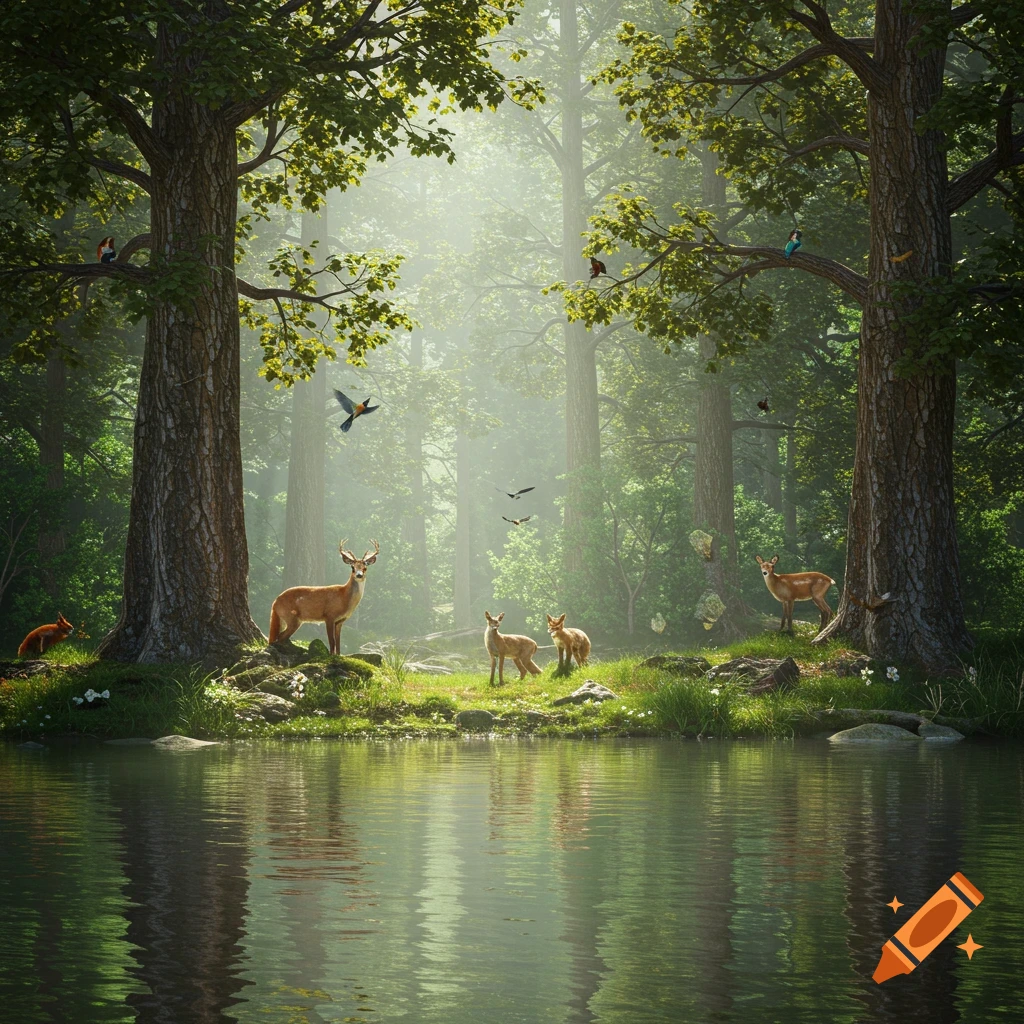 A hyperrealistic lush forest scene with deer, a fox, and birds by a tranquil lake under sunlit trees.