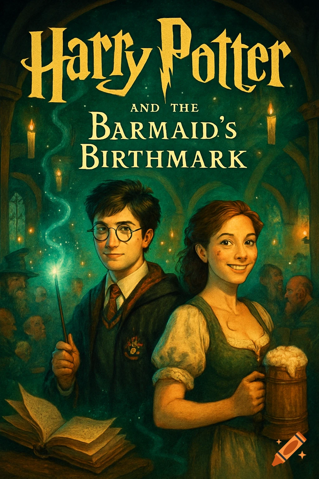 Book cover for 'Harry Potter and the Barmaid's Birthmark' showing Harry with a wand and a barmaid with a mug in a tavern.
