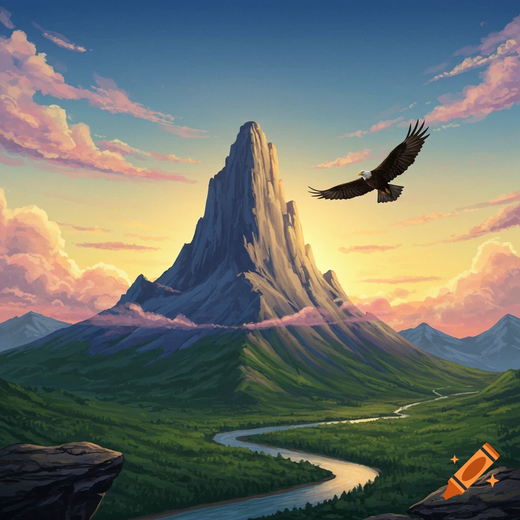 A majestic eagle soars above a vast green valley with a winding river, towering mountains, and a colorful sunset sky.