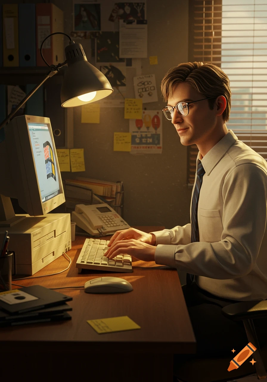 A smiling man wearing glasses and a shirt and tie sits at a desk, typing on an old beige desktop computer under a warm lamp light in a retro office.