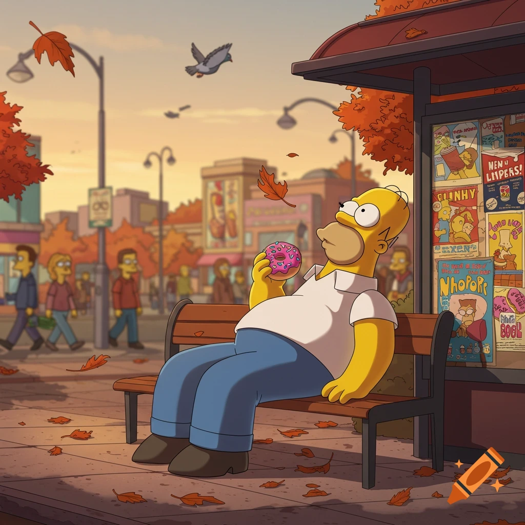 Homer Simpson sits on a bench at a bus stop during autumn, eating a pink donut. Leaves fall around him, and a pigeon flies overhead.