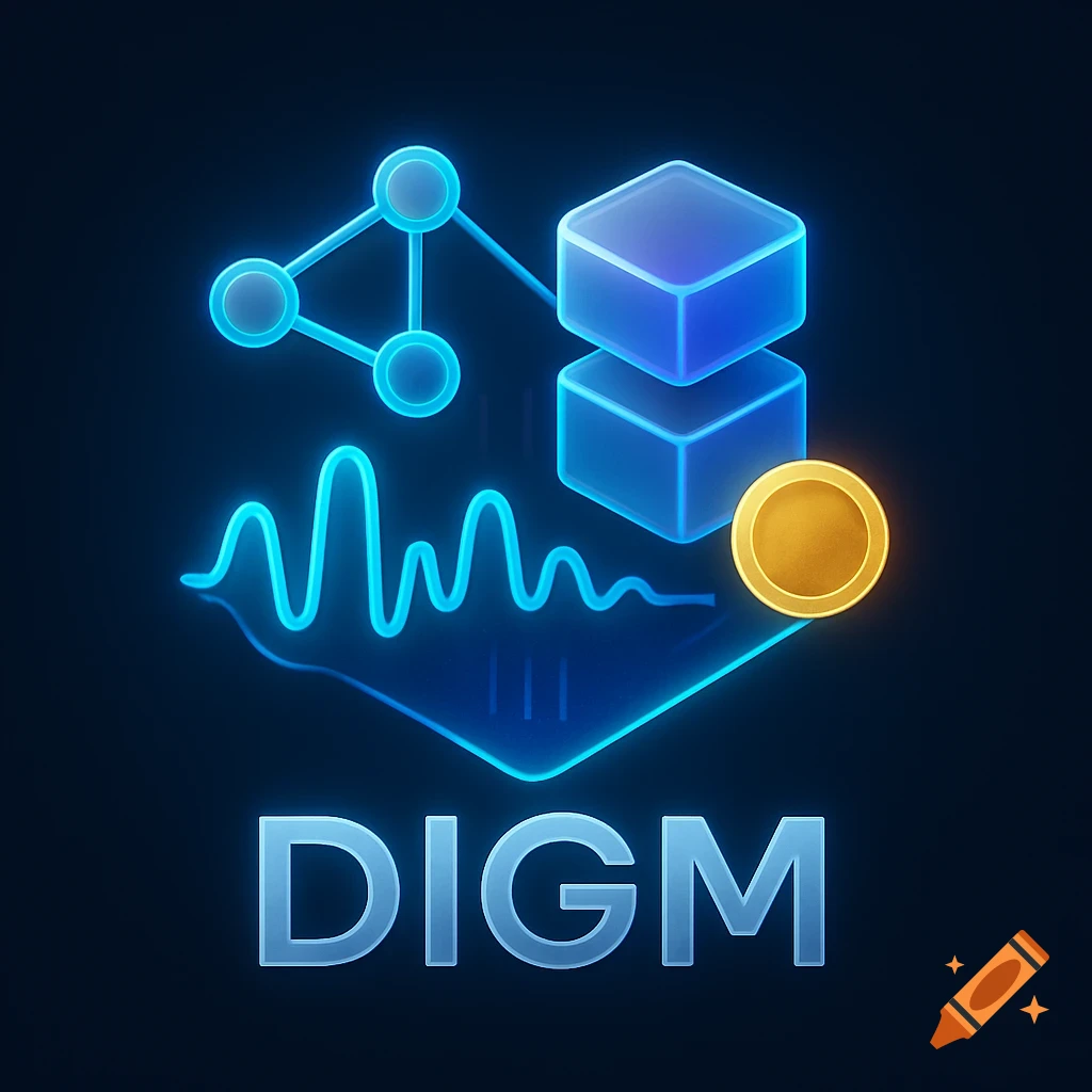 A futuristic logo with glowing blue network nodes, stacked cubes, a gold coin, and the word 'DIGM' in a neon style.