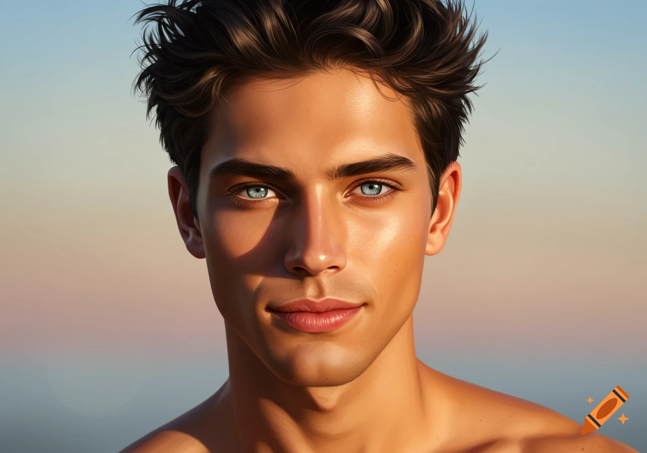 Photorealistic close-up portrait of a young man with dark wavy hair, striking blue eyes, and tanned skin against a soft sky.