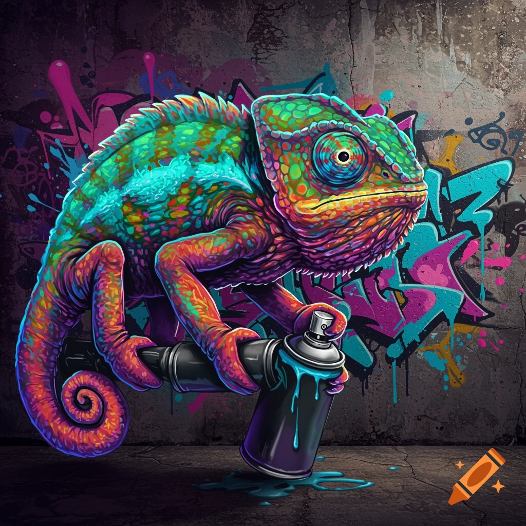 A vibrant, colorful chameleon holding a spray paint can in front of a graffiti-covered concrete wall.