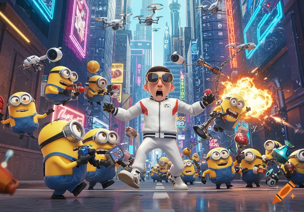 A chaotic animated scene with Minions attacking Vector in a neon-lit futuristic city street with drones and explosions.