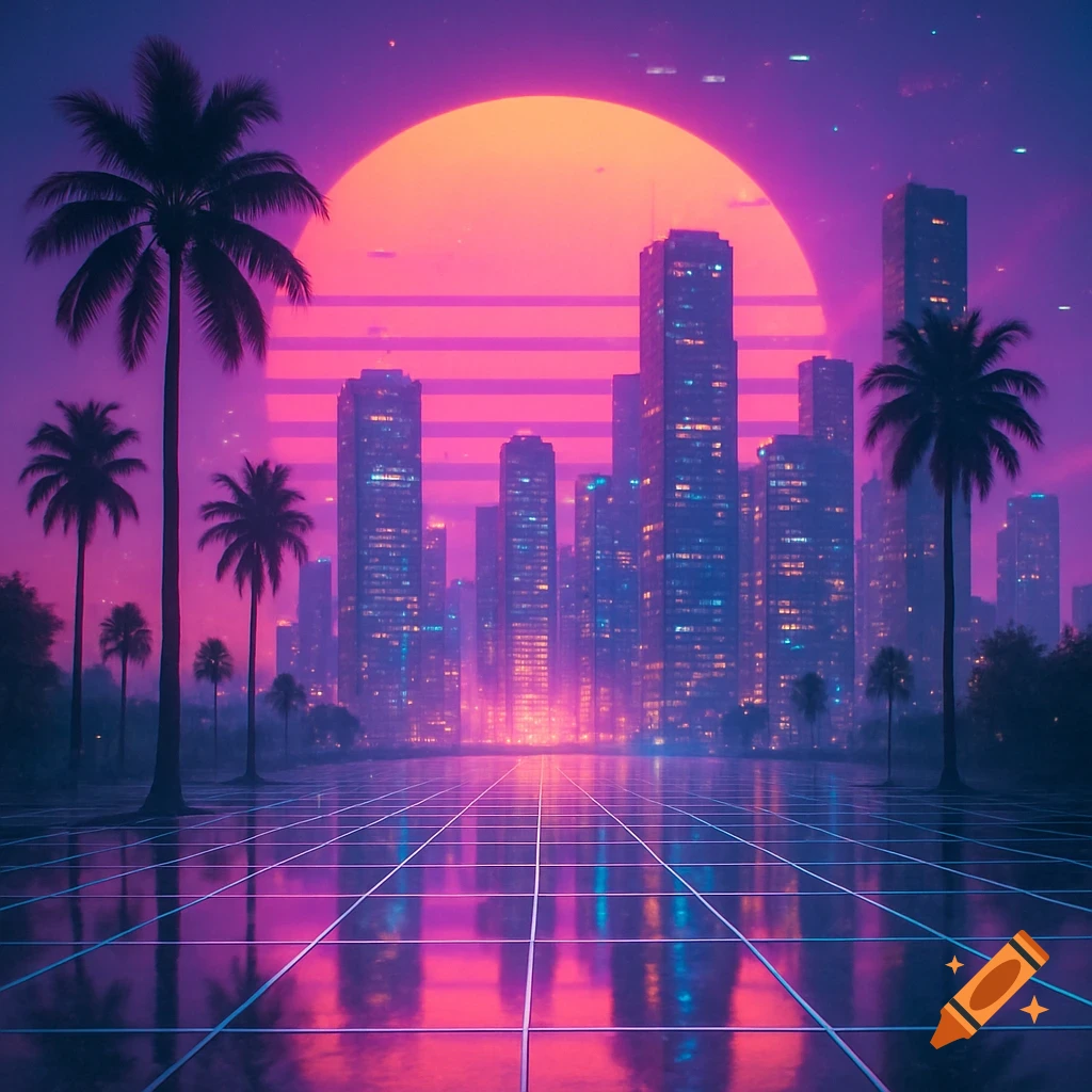 Vaporwave city skyline at sunset with palm trees, a large sun, and a grid floor reflecting neon purple and orange lights.