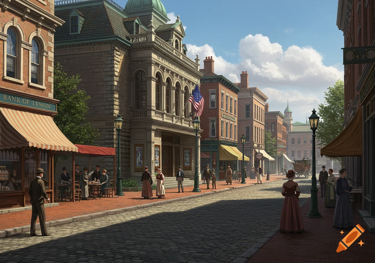 A vibrant, detailed illustration of a bustling Edwardian-era street with people, cobblestones, and brick buildings under a partly cloudy sky.