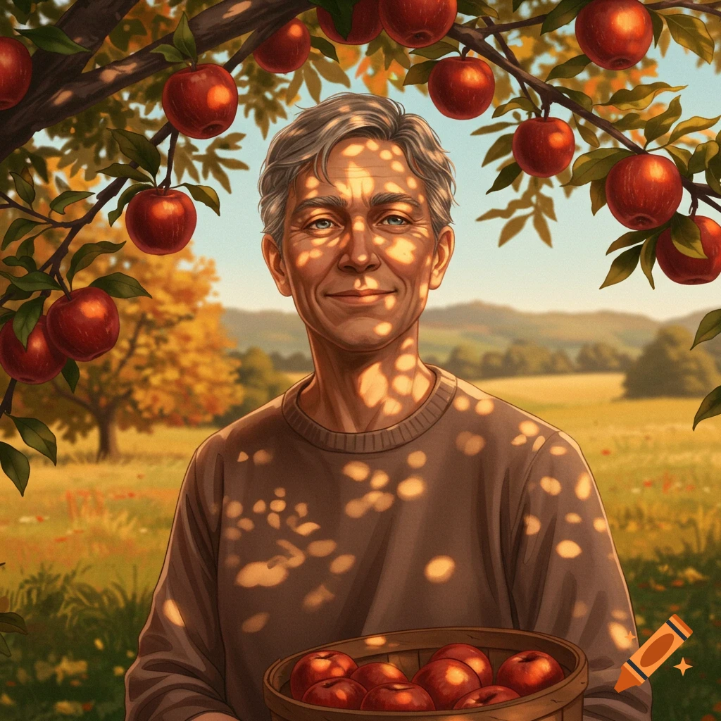 A smiling older person holding a basket of apples under an apple tree in a sun-dappled orchard.