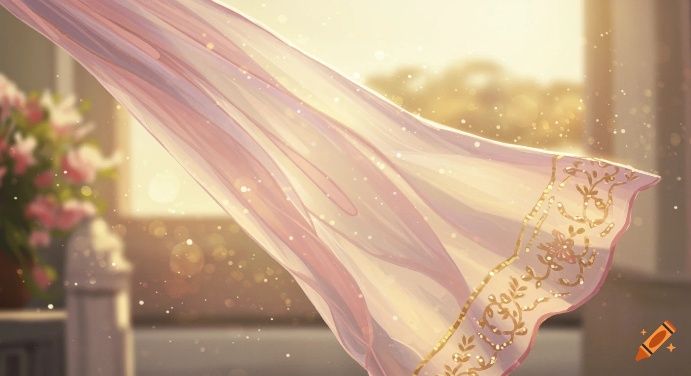 Flowing pastel pink fabric, possibly a dupatta, backlit by golden sunlight with a blurred floral background, in a dreamy illustration.