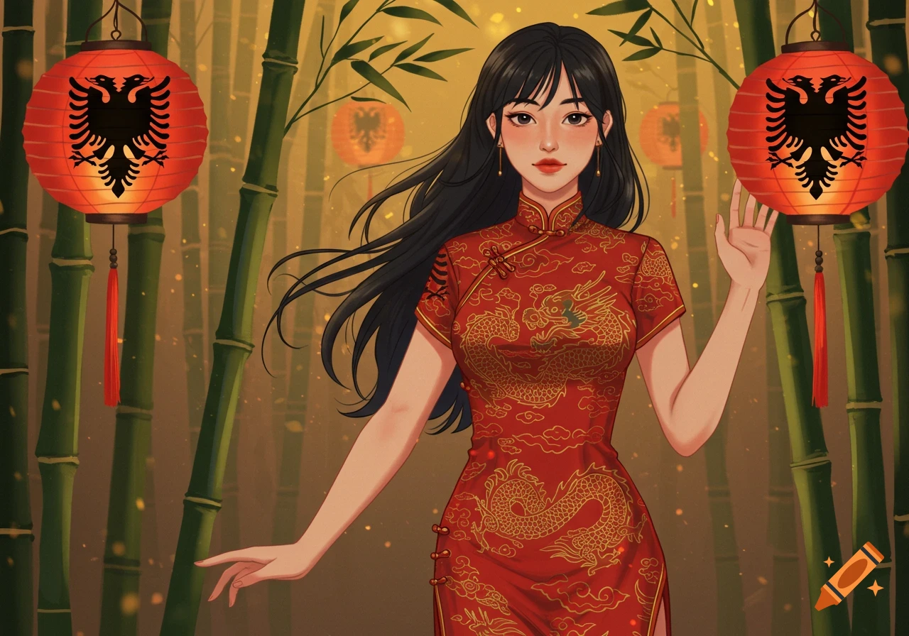 An illustration of a woman with long black hair wearing a red cheongsam with golden dragons, standing among bamboo with lanterns displaying the Albanian double-headed eagle.