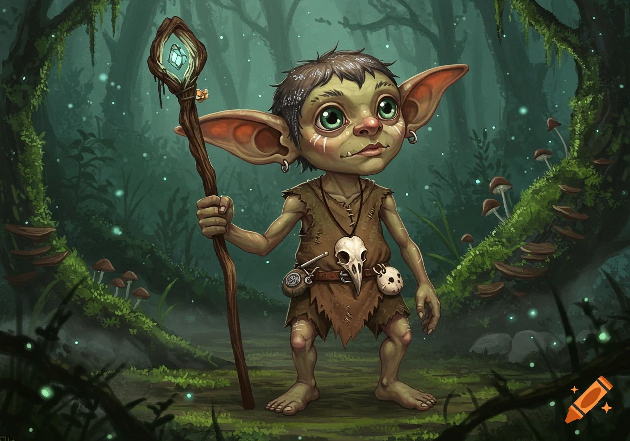 A cute green-skinned goblin character with big ears, a bird skull necklace, and ragged clothes, holding a glowing staff in a magical forest.