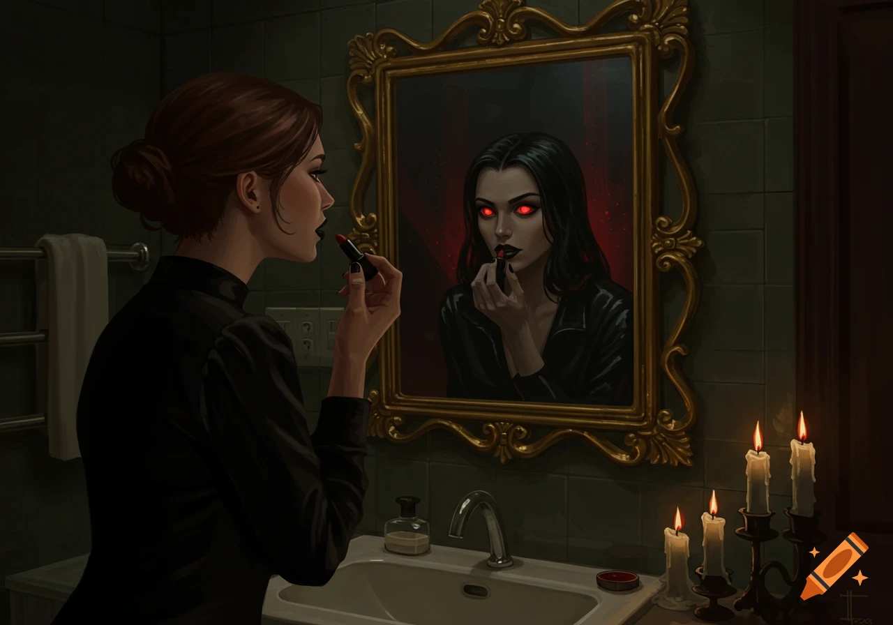 A woman in a dark bathroom applies lipstick, her reflection in the mirror shows a vampire with glowing red eyes.