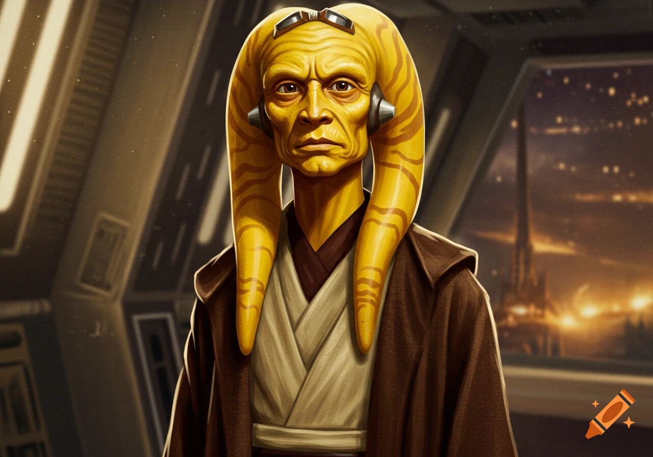 A serious-faced yellow Twi'lek character, resembling Handsome Squidward, wearing brown Jedi robes and looking directly forward in a sci-fi setting.