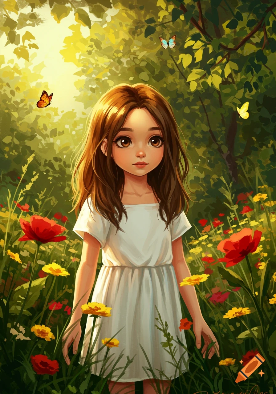 A stylized illustration of a young girl with brown hair and eyes in a white dress, standing in a sunny field of red and yellow flowers with butterflies.