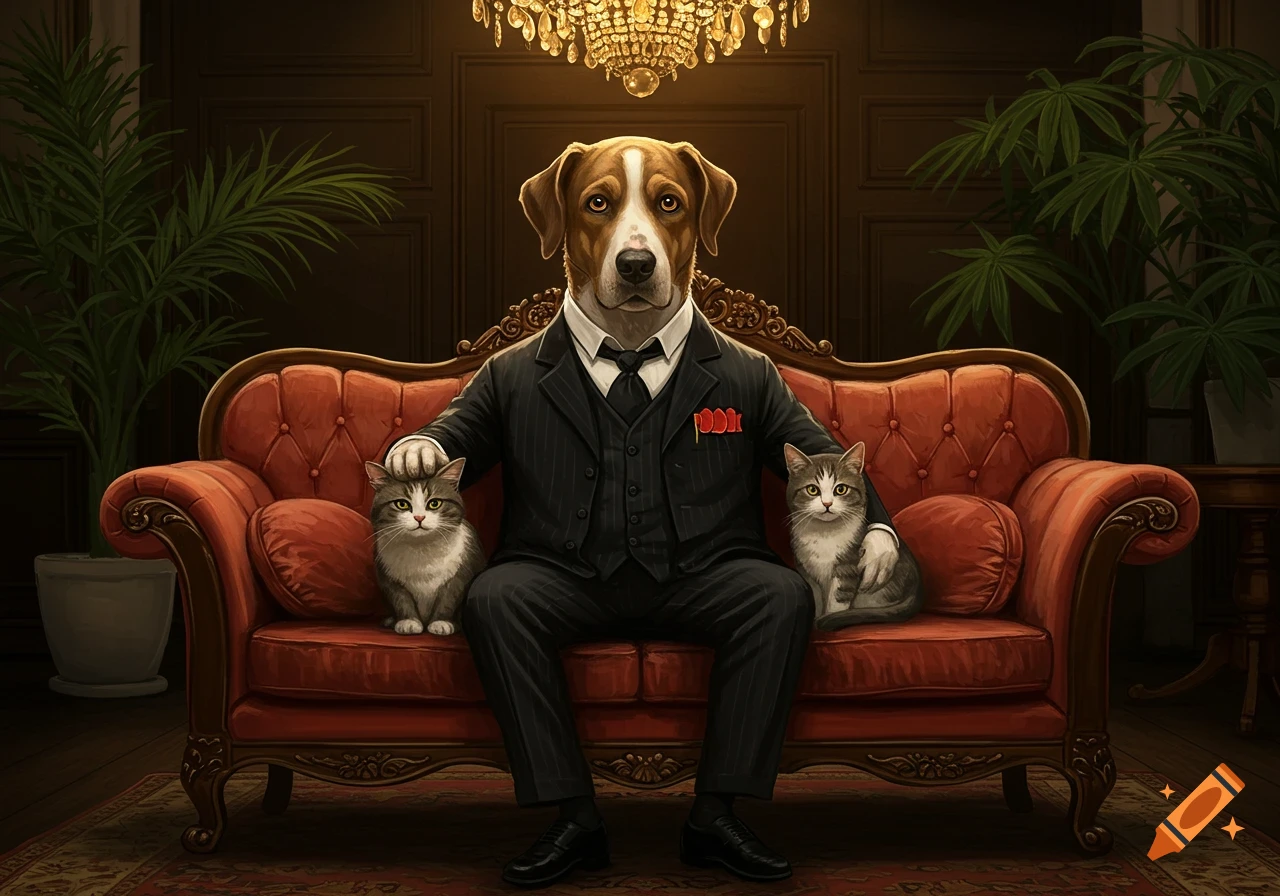A serious-looking dog in a pinstripe suit sits on a red velvet sofa, petting two cats, in a dimly lit, ornate room.