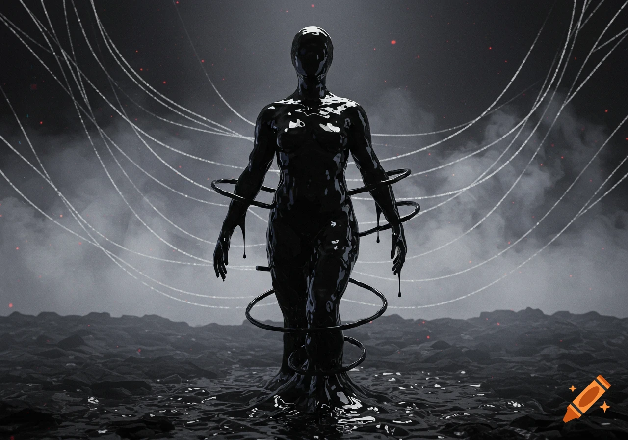 A humanoid figure of glossy black tar stands in a pool of fluid, with thin white lines and red specks in the dark, smoky background.