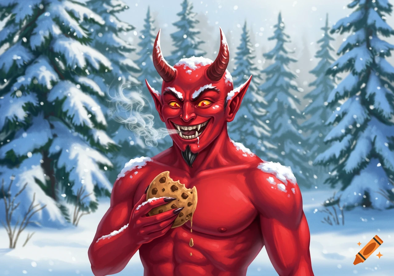 A smiling red devil with horns and pointed ears, standing in a snowy forest, eating a chocolate chip cookie.