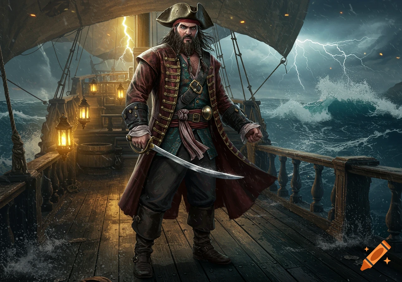 A rugged pirate stands on the deck of his ship during a stormy sea, lightning striking in the background.