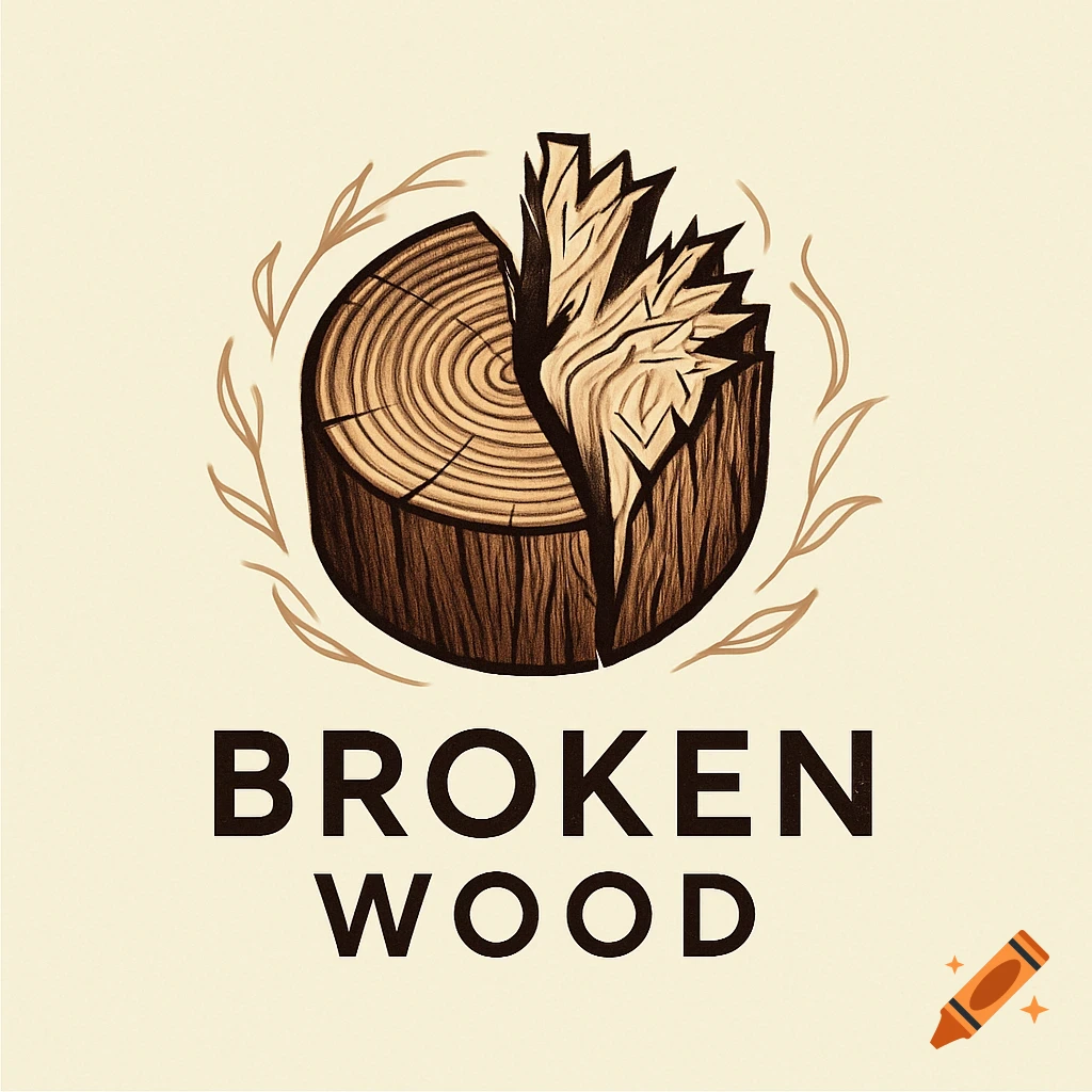 A stylized logo featuring a split tree stump illustration with wood grain, and the words 'BROKEN WOOD' below it.