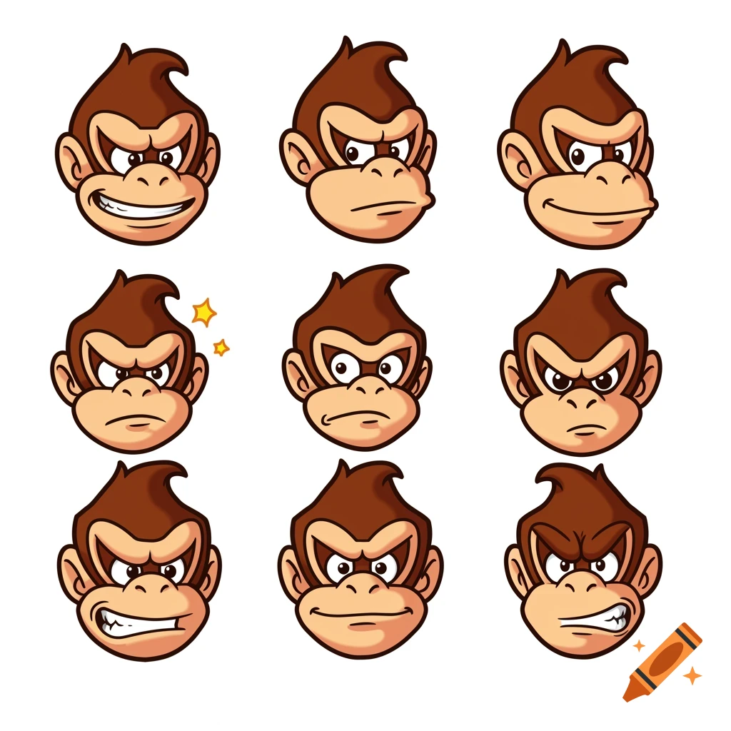 Nine cartoon Donkey Kong head emotes displaying various expressions like smiling, angry, neutral, and surprised on a white background.
