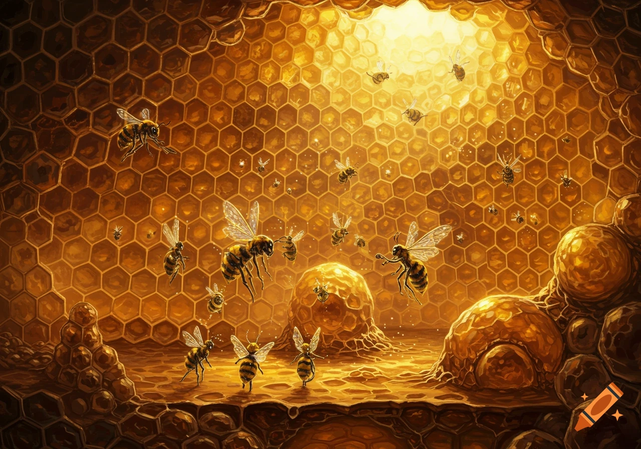 A detailed illustration of a glowing, golden fantasy beehive filled with flying and standing bees.