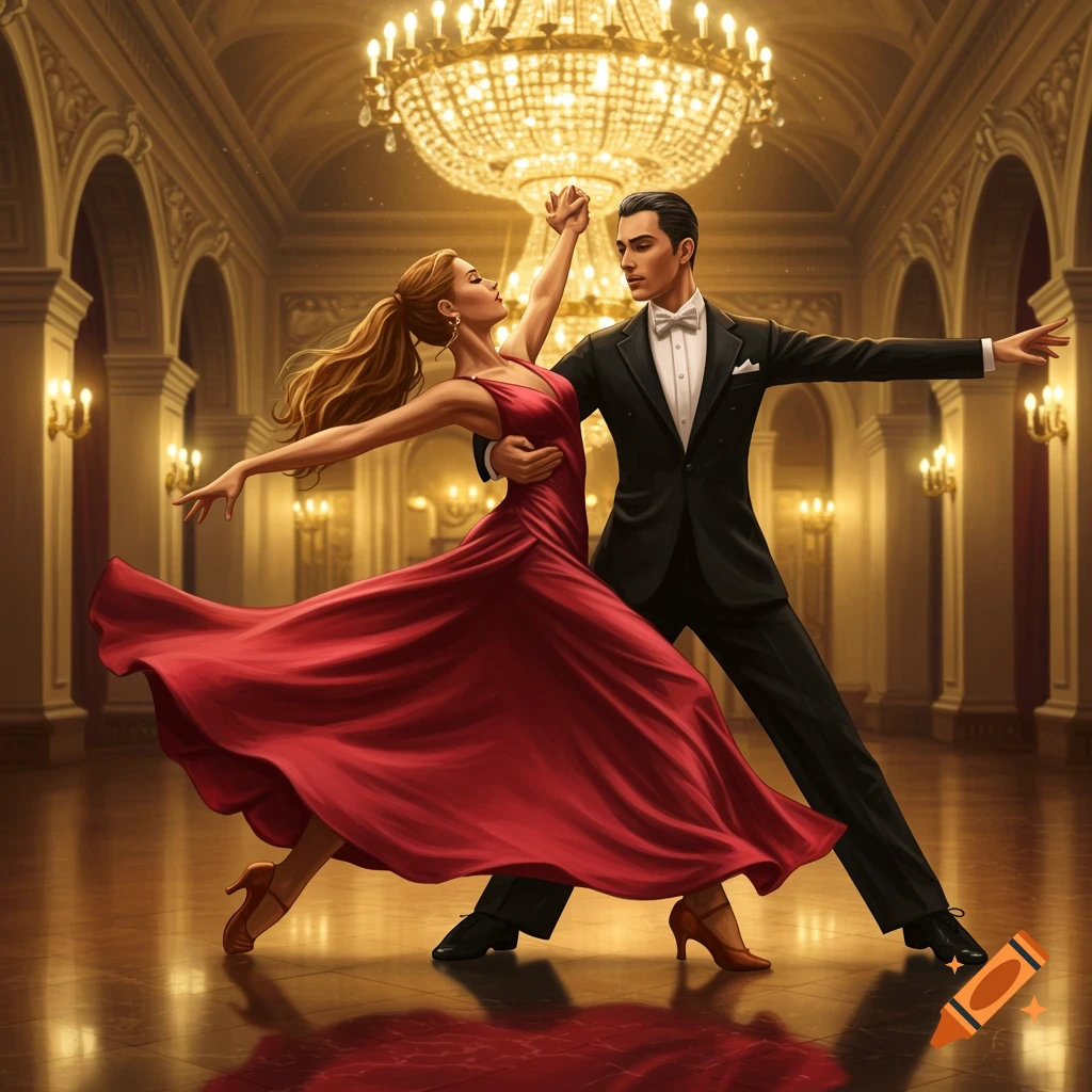 A man in a tuxedo and a woman in a flowing red dress ballroom dancing in a grand hall with chandeliers.