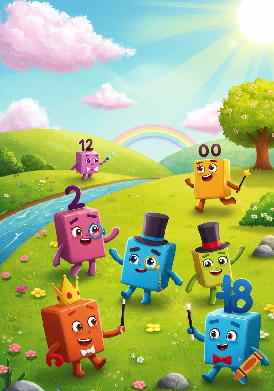 Colorful cartoon number block characters in a vibrant green landscape with a river and rainbow, under a bright sunny sky.