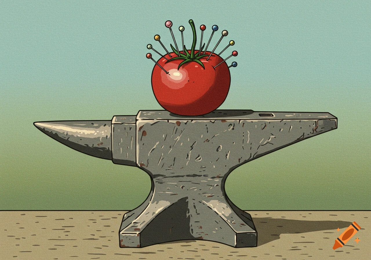 A woodblock print illustration of a red tomato pincushion with colorful pins on top of a heavy gray anvil against a simple background.
