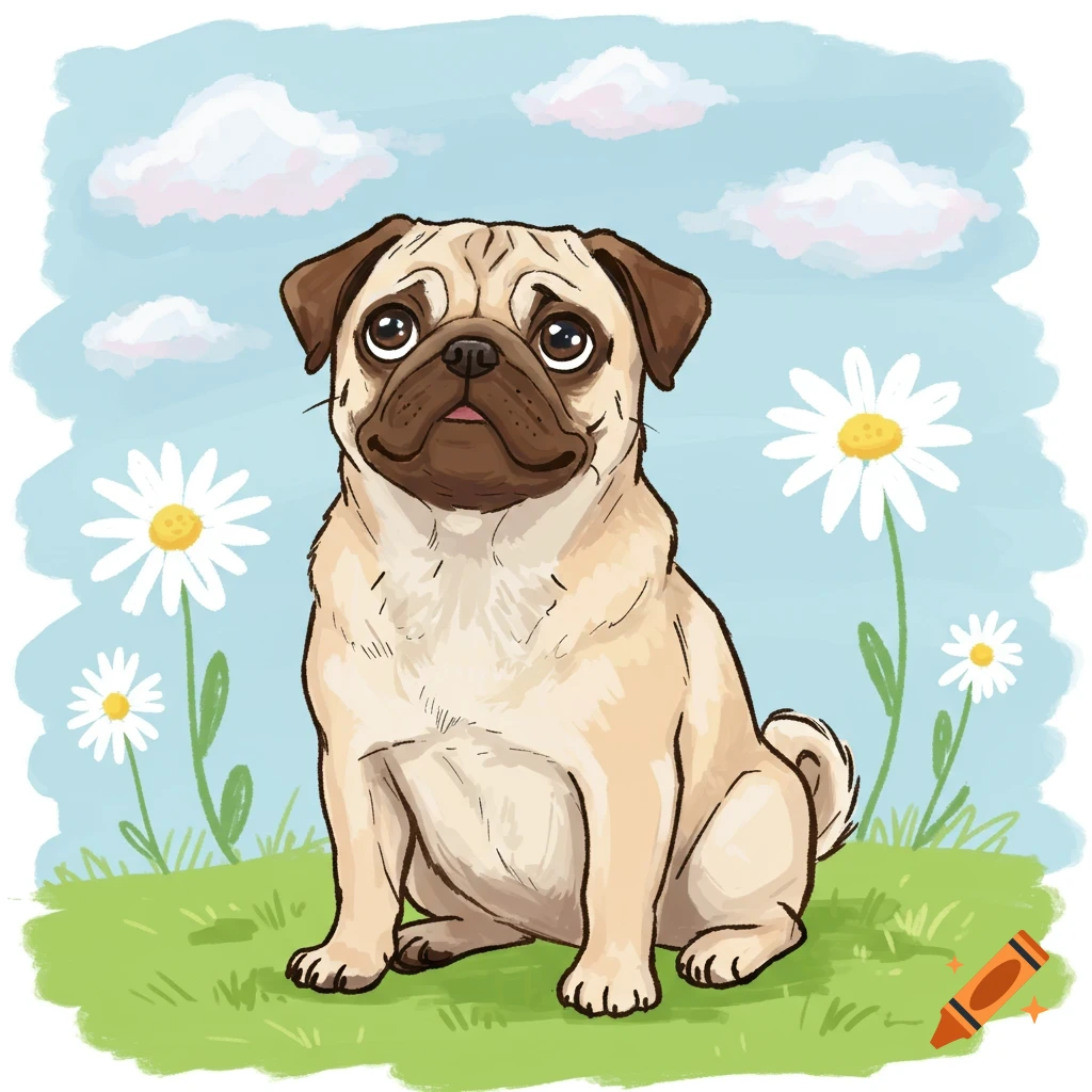 A cartoon pug dog sits in a grassy field with daisies under a blue sky with clouds.