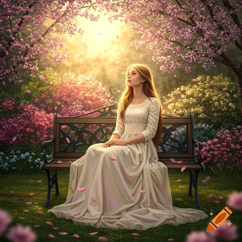 A woman in a white dress sits on a bench under pink cherry blossom trees in a sunlit garden, looking upwards.
