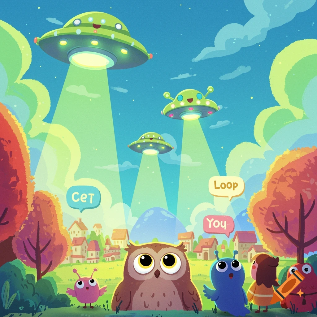 A colorful cartoon scene of an alien invasion with three smiling UFOs beaming light onto an owl, a pink creature, a blue creature, and two human-like characters standing in a town with autumn trees.