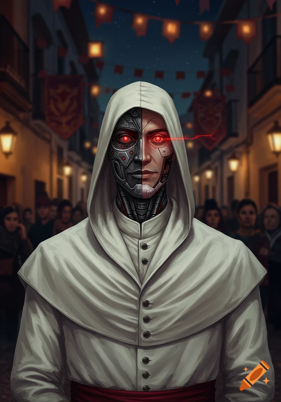 A person in a white hooded cloak with one side of their face human and the other cyborg with a red eye, standing in a Spanish festival street at night.