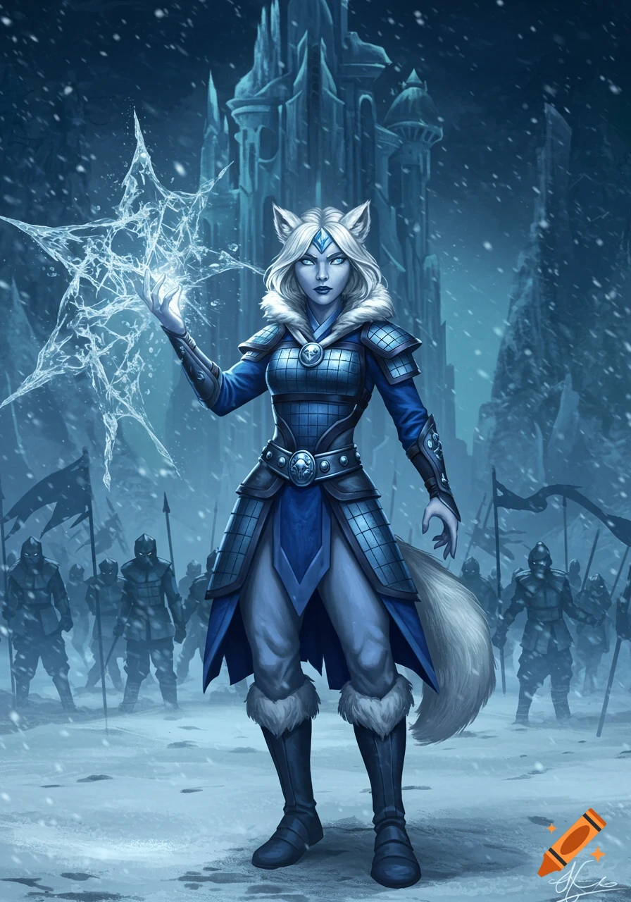 A white-haired foxwoman in blue armor holds a glowing ice star in a snowy landscape with a castle and armored figures.