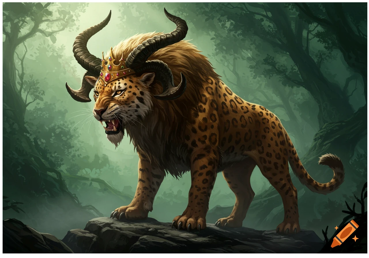 A crowned, horned leopard-like beast with a lion's mouth and bear's feet roars in a green forest, fantasy illustration.