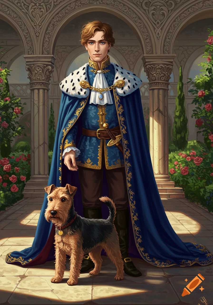 A young prince in a blue and gold cape stands beside a brown and black terrier dog in a royal garden.