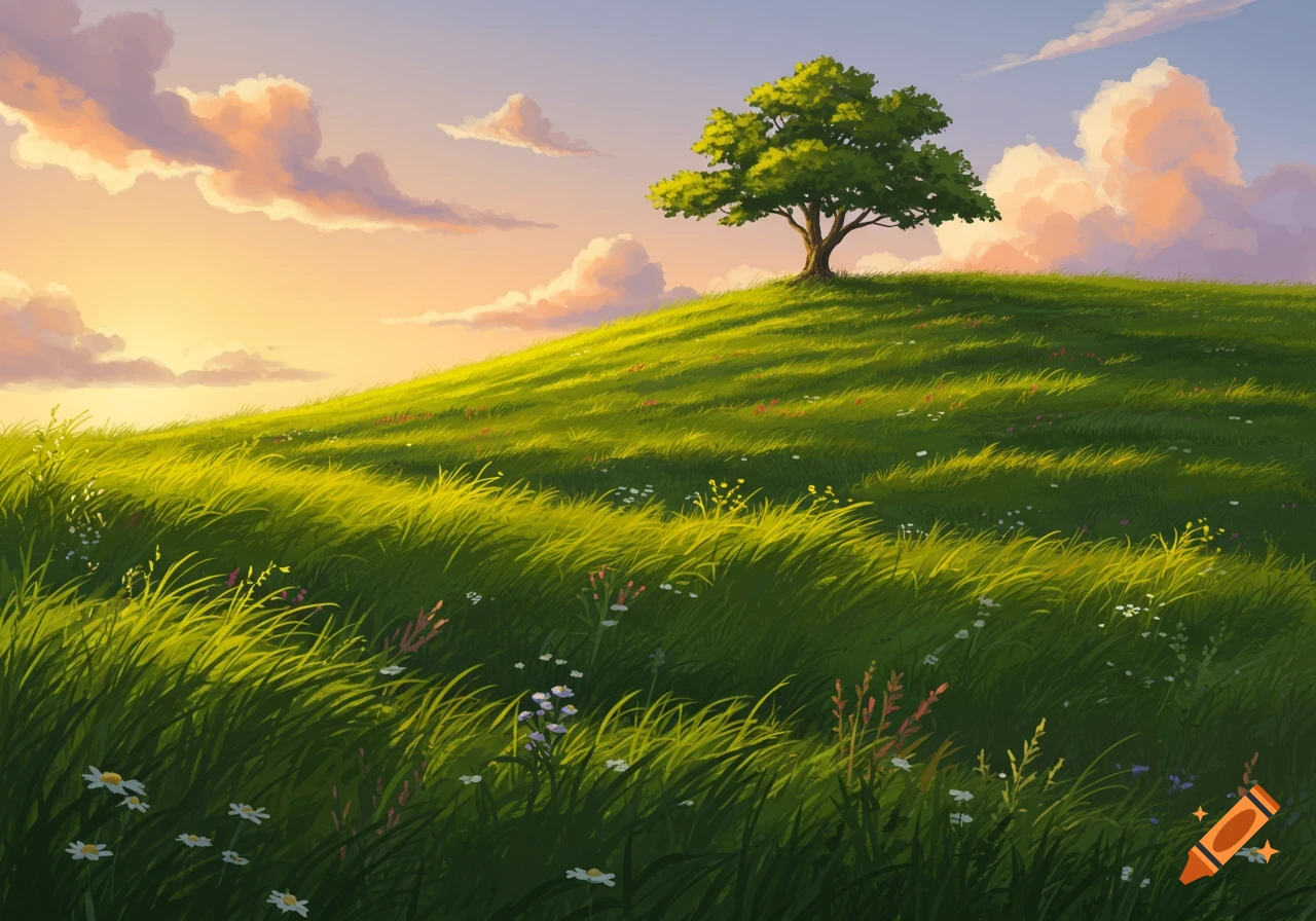 A vibrant green grassy hill with a single tree on top, under a sky with colorful clouds at sunset in a stylized art style.