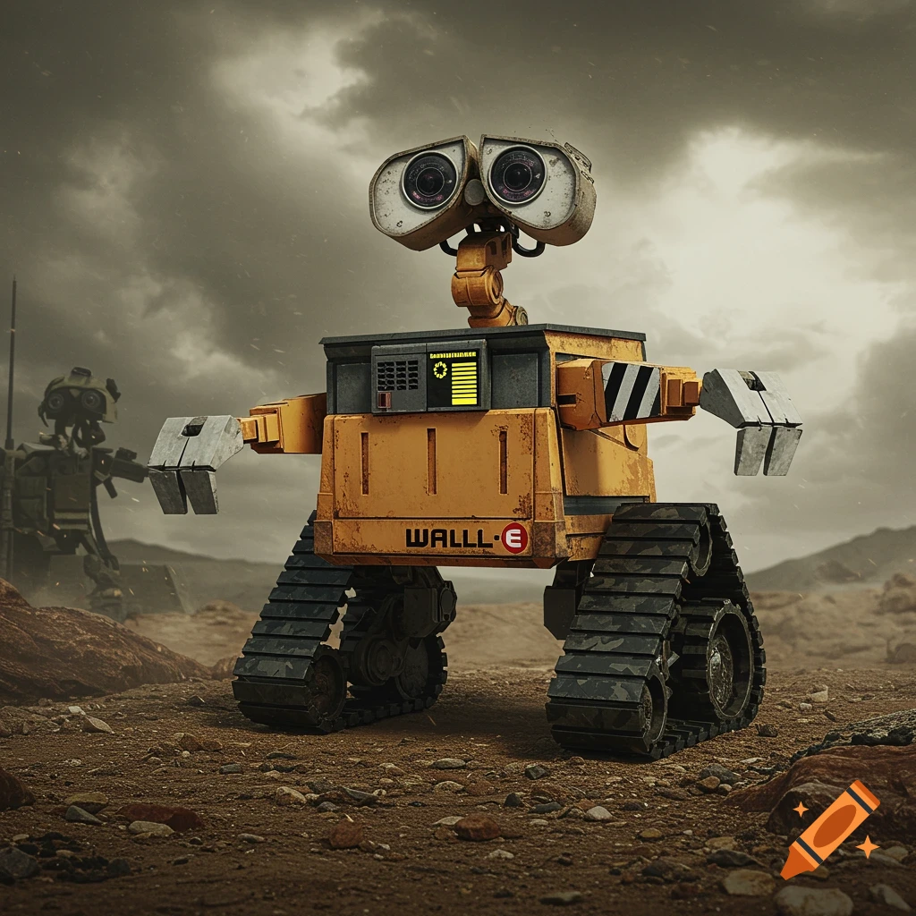 A military-style Wall-E robot stands in a desolate, rocky landscape under a stormy sky, with another robot in the blurred background.