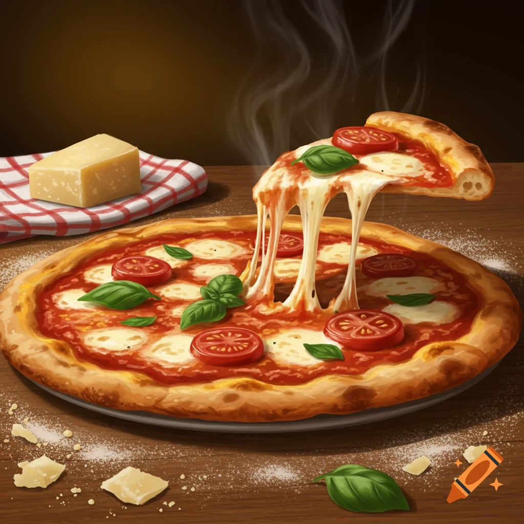 A hot, cheesy pizza slice being pulled from a whole pizza, stretching melted cheese. A block of cheese and basil leaves are on a wooden table.