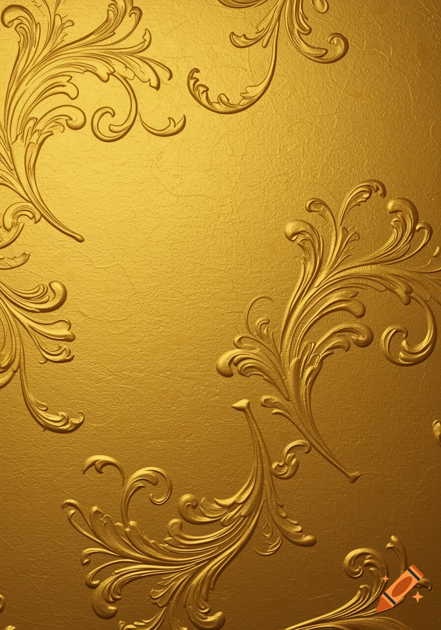 A textured gold background with ornate, embossed scrollwork patterns.