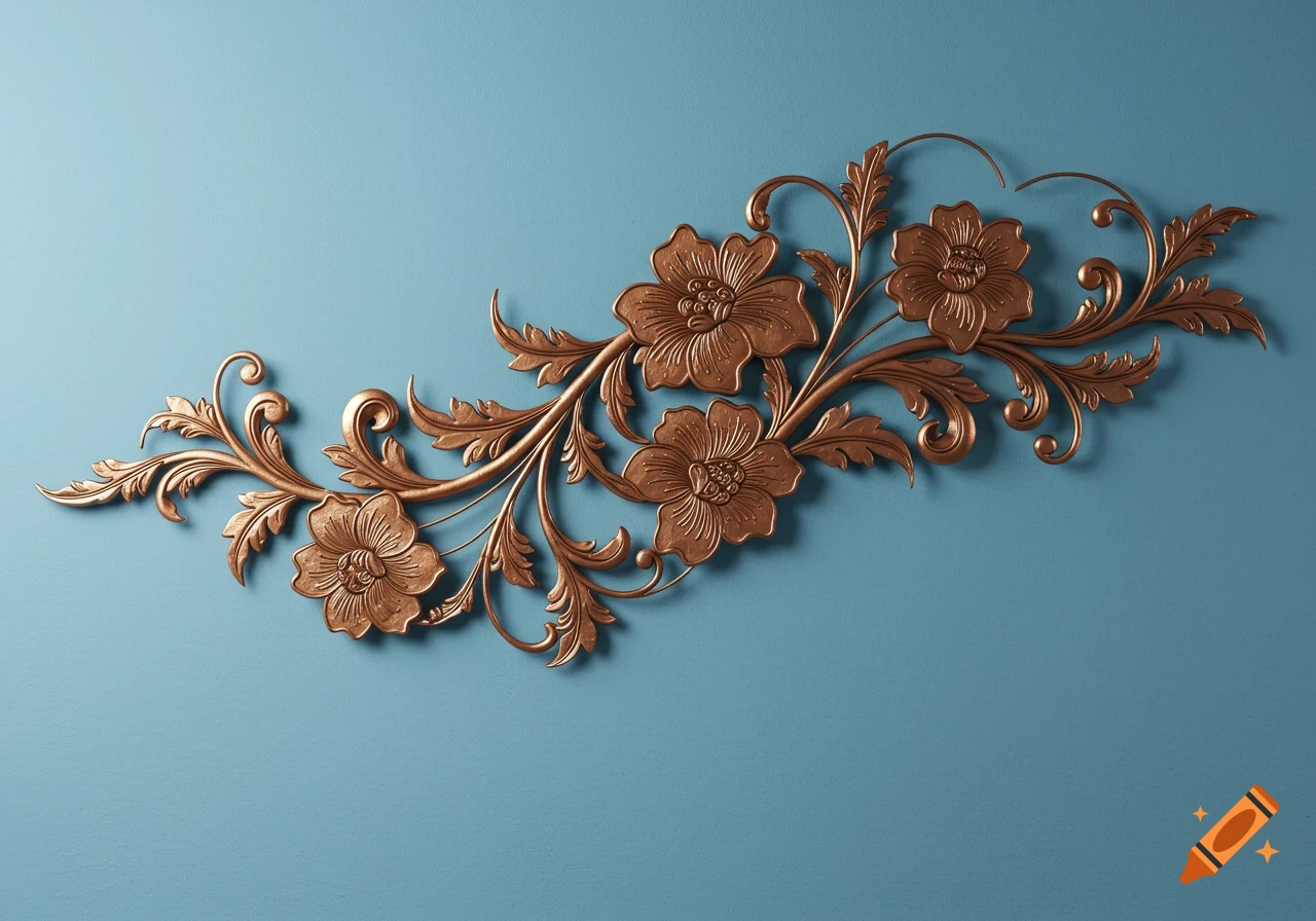 A detailed copper floral art piece with leaves and four large flowers on a light blue wall.