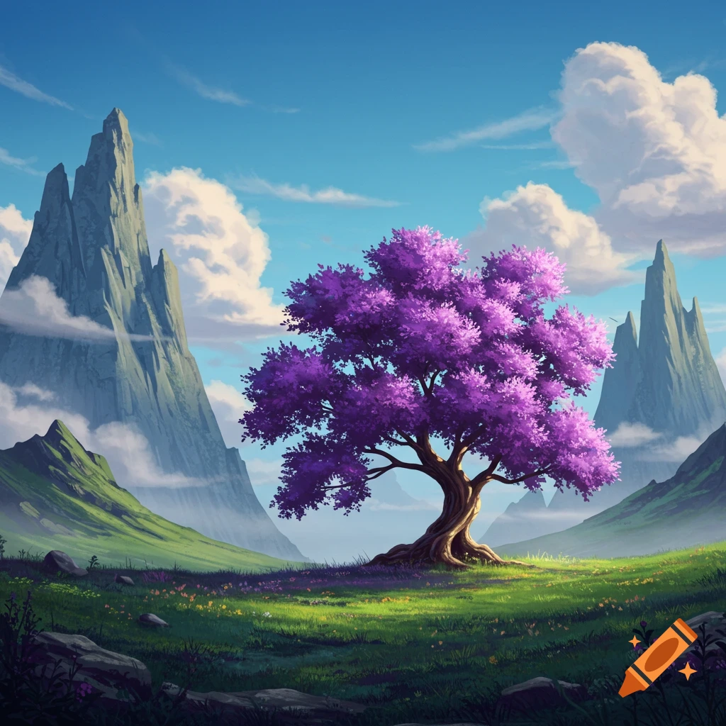 A surreal landscape with towering mountains, a vibrant purple tree, and a lush green valley under a bright blue sky.