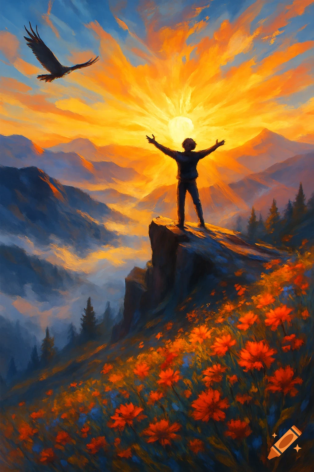 A person on a mountain peak with outstretched arms faces a vibrant orange sunrise. An eagle flies above. Red flowers in foreground. Painterly.