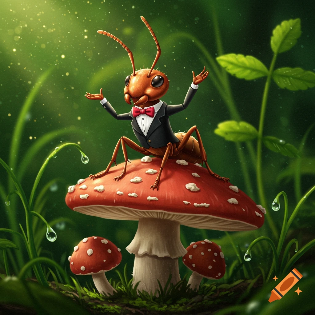 A cartoon ant in a tuxedo and bow tie stands on a red mushroom in a whimsical forest with sparkling light.