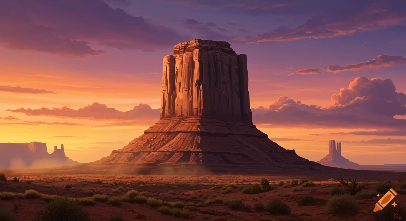 Painted view of a majestic butte in a vast desert landscape under a vibrant orange and purple sunset sky.