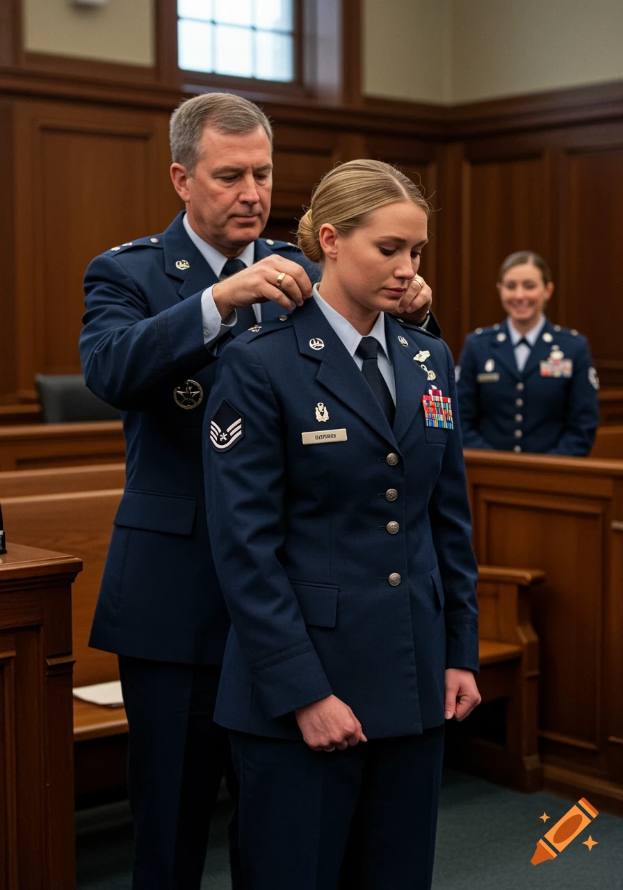 A male officer in an Air Force uniform adjusts the shoulder of a female officer in a courtroom, with another female officer smiling in the background. Photorealistic.
