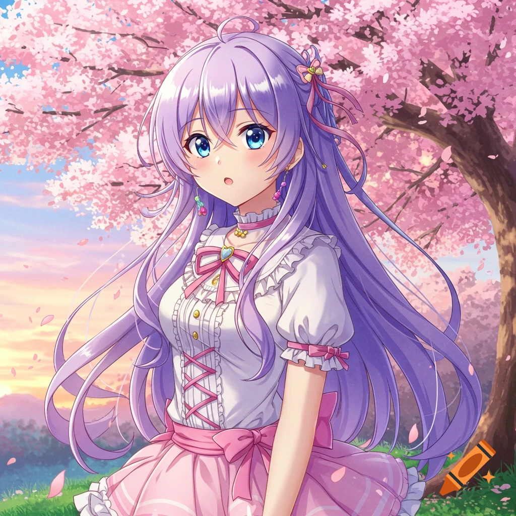 Anime girl with long purple hair and blue eyes, wearing a white and pink dress, standing under a pink cherry blossom tree.