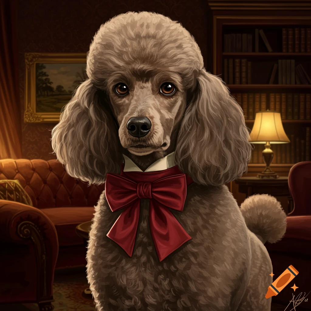A serious-looking brown poodle wearing a red bow tie and white collar, in a richly decorated, dimly lit study.